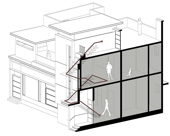 The central stair connects the residence and terraces