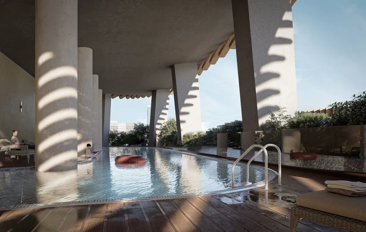 Pool terrace beneath the upper volume
