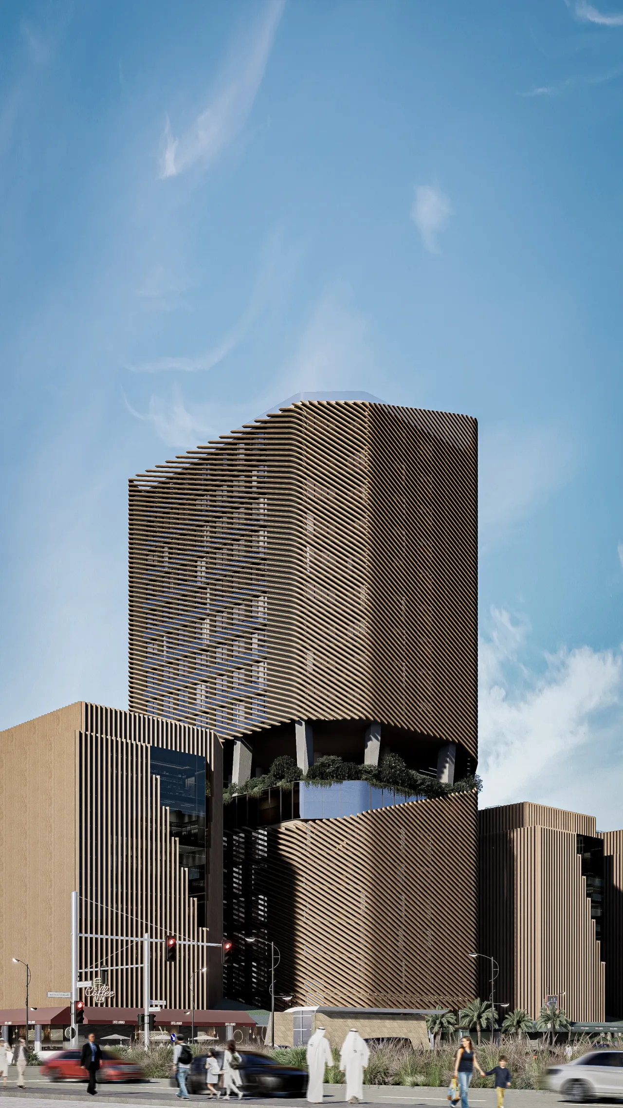 The screened upper volume and lower facade