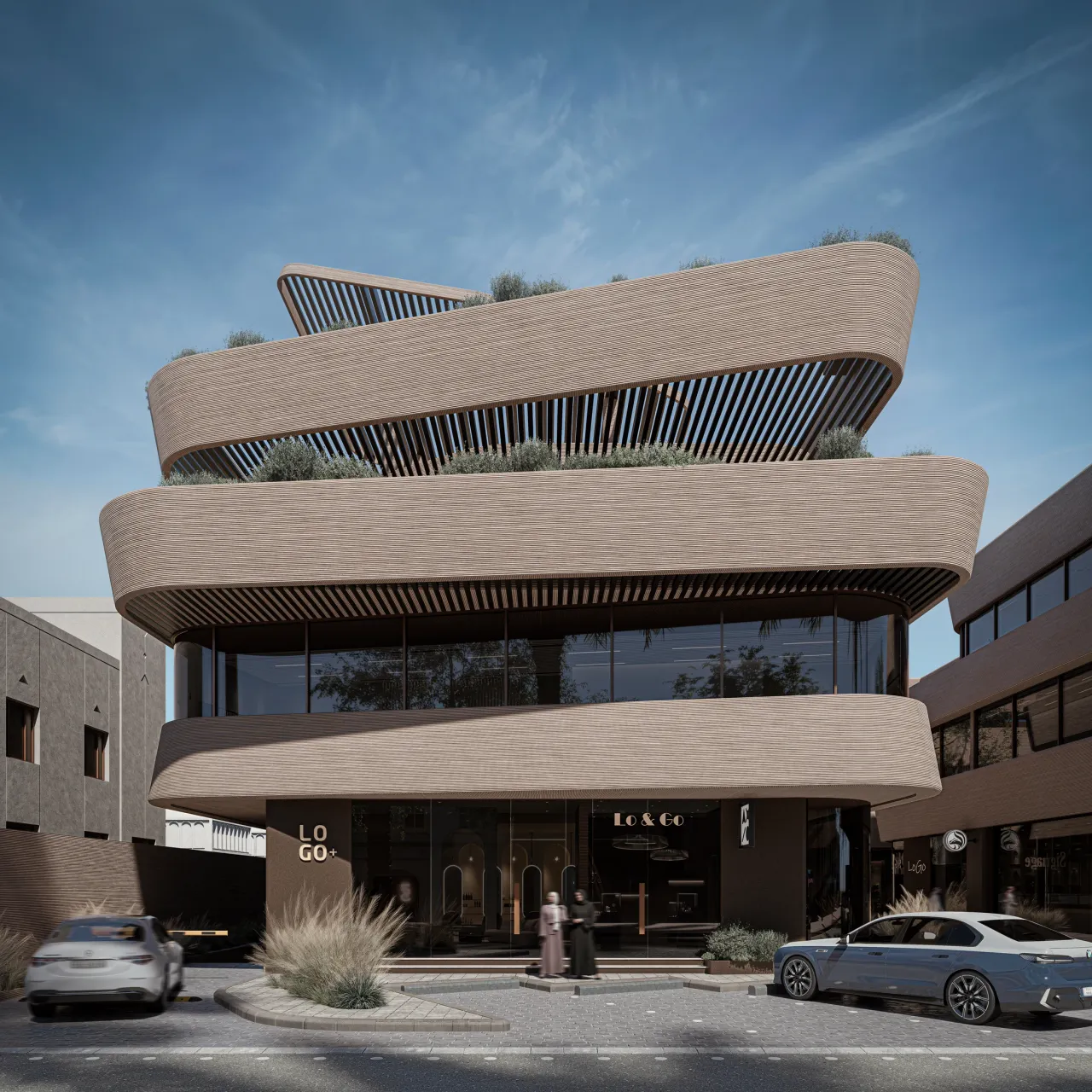 Curved facade and ground-level shopfronts