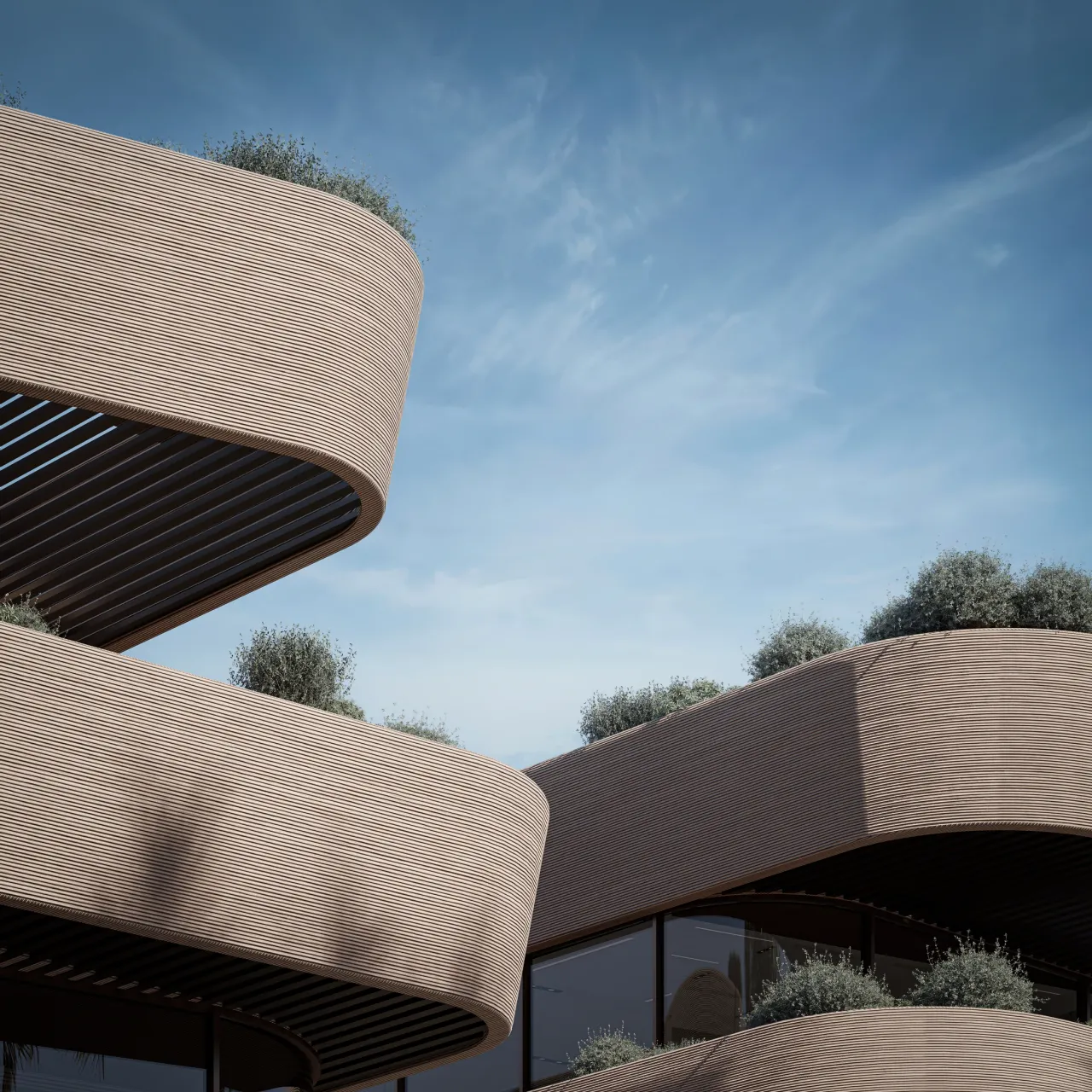 Curved stone bands and planted terraces at Kaal