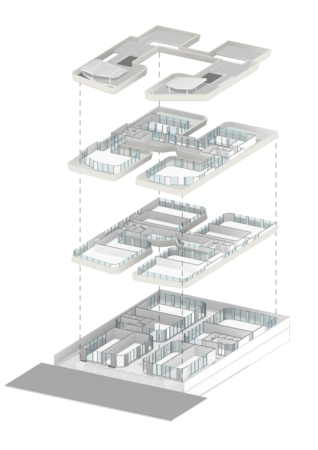 Exploded isometric — floor plates, terraces and roof