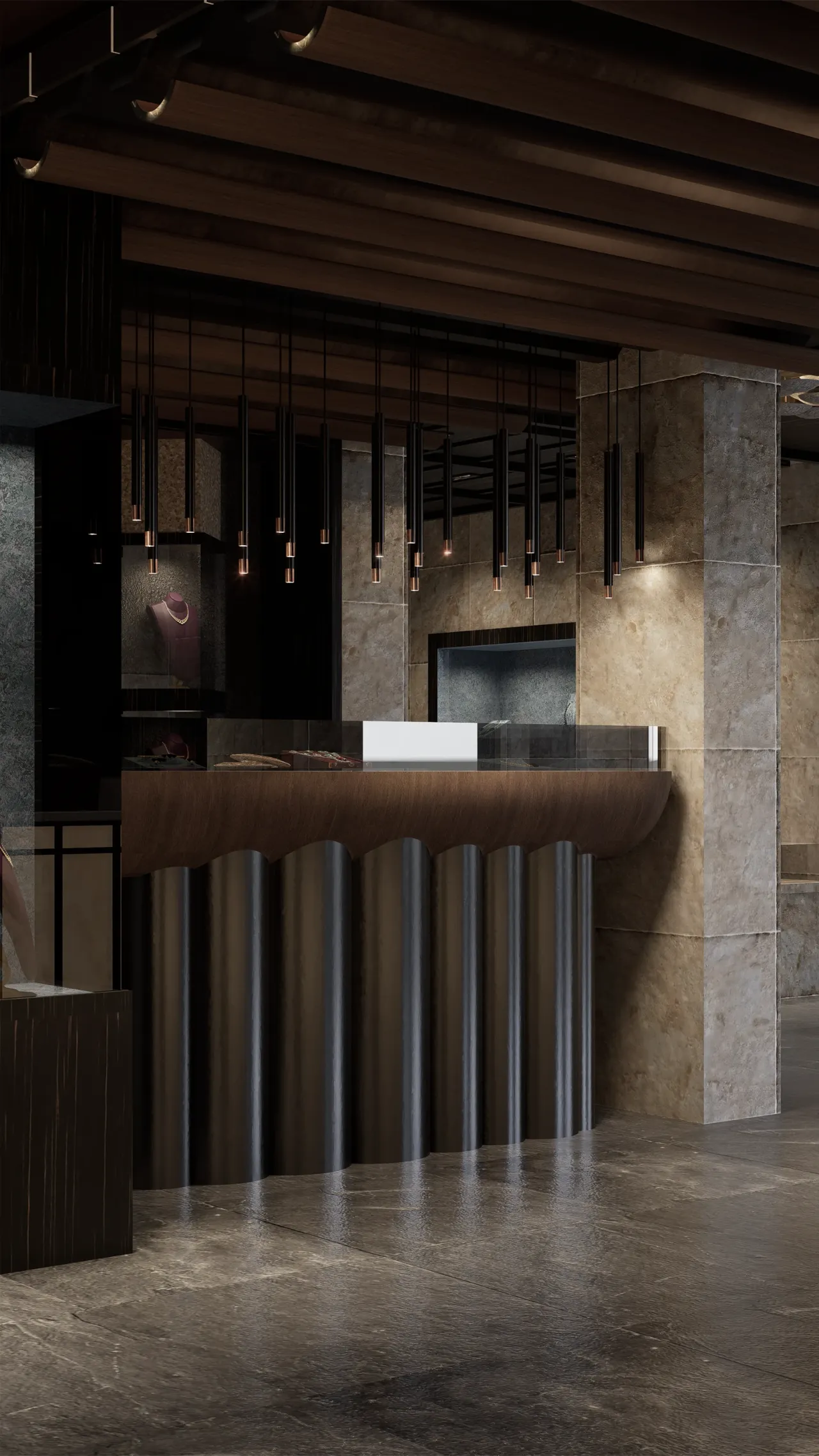 The display counter and timber ceiling