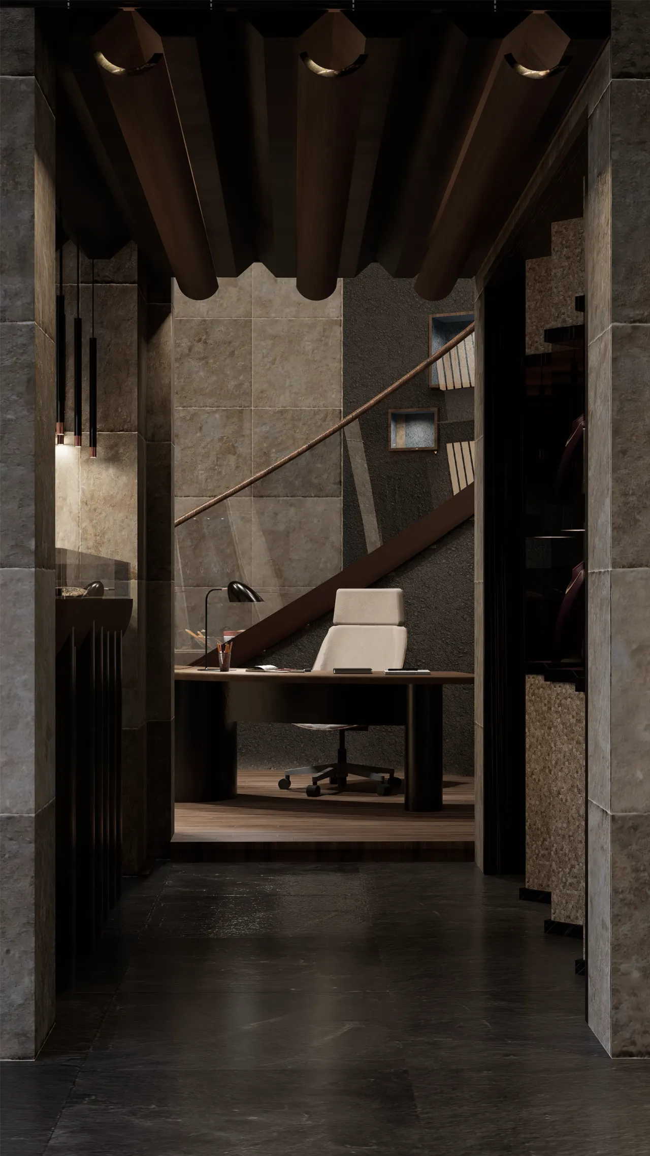 KIORA interior with timber, stone surfaces and a built-in work area