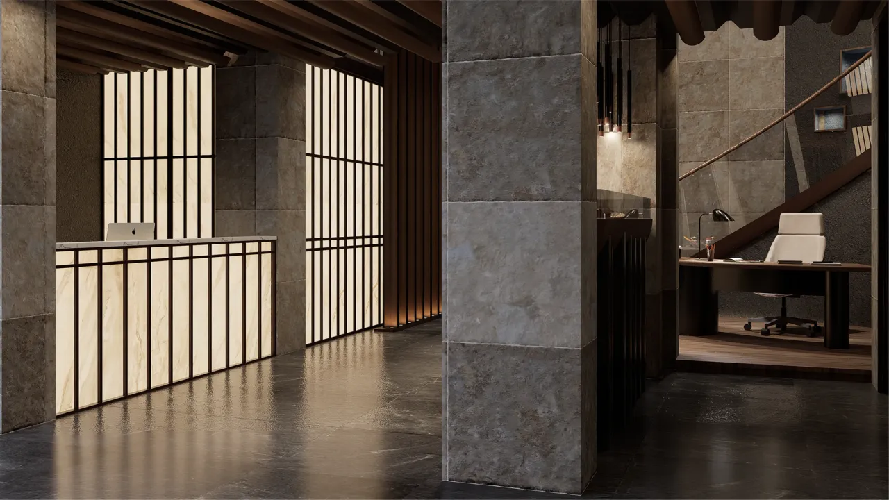 Stone surfaces, dark timber and filtered light