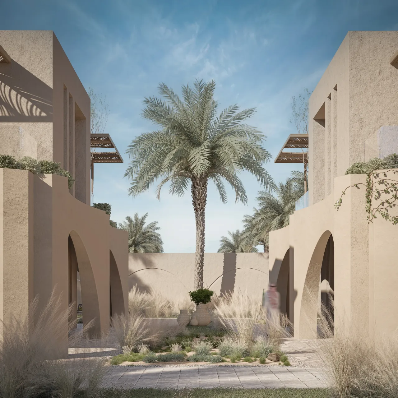 A planted court between the buildings