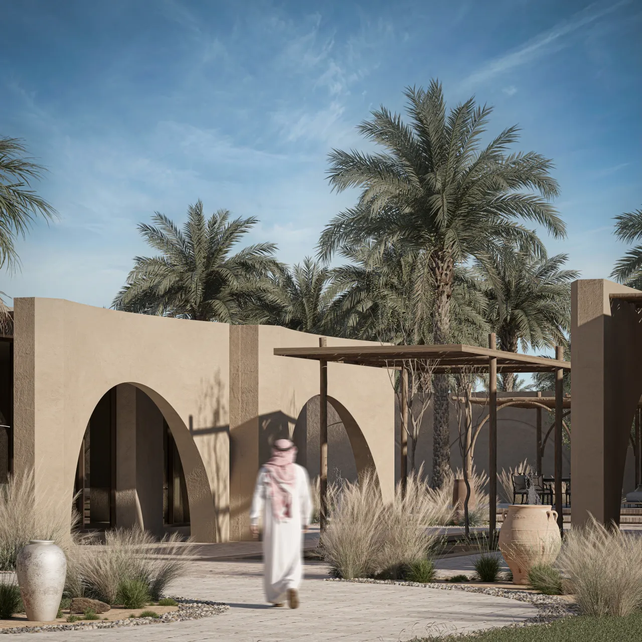 Garden-facing arches and shaded outdoor space