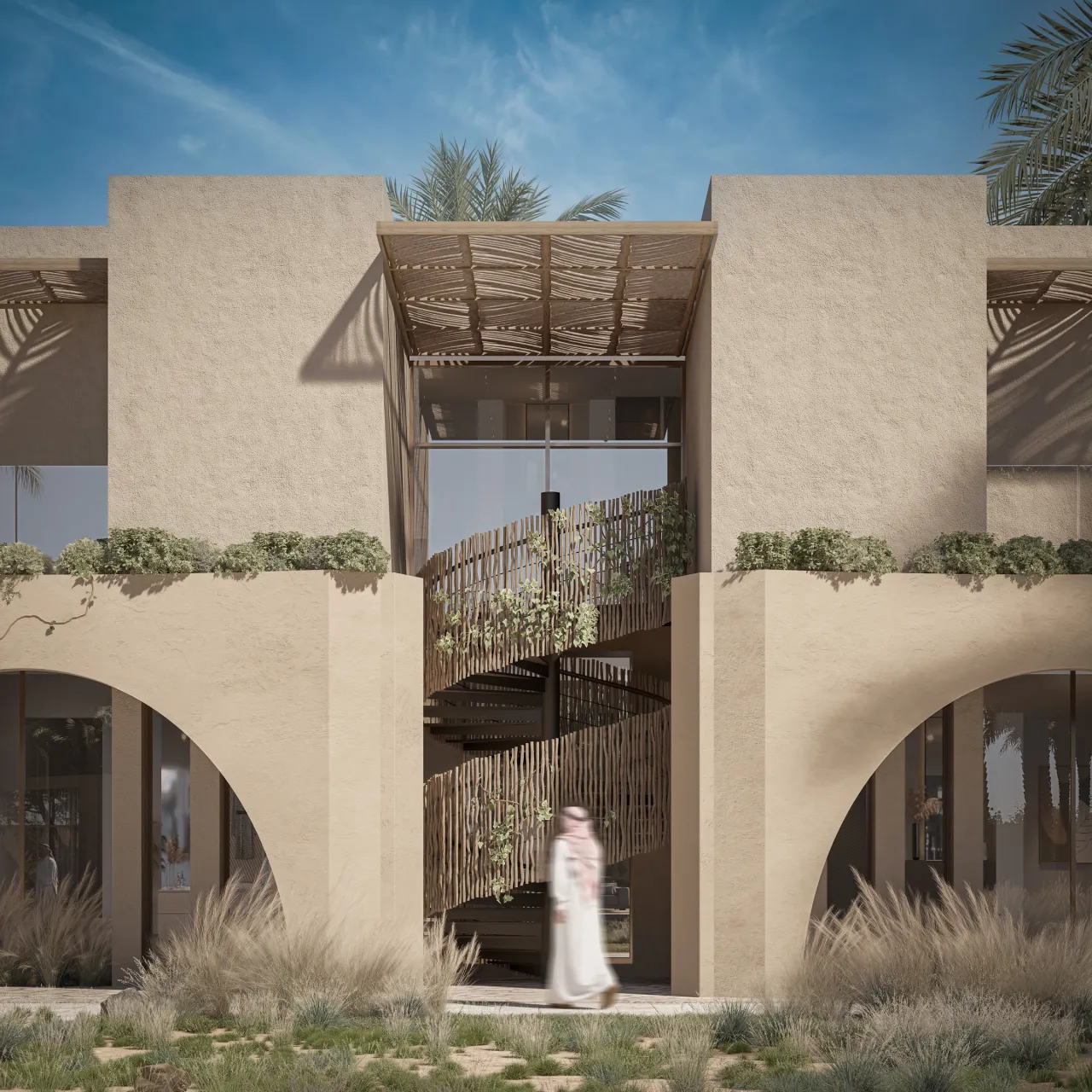 A layered entrance beneath the pergola