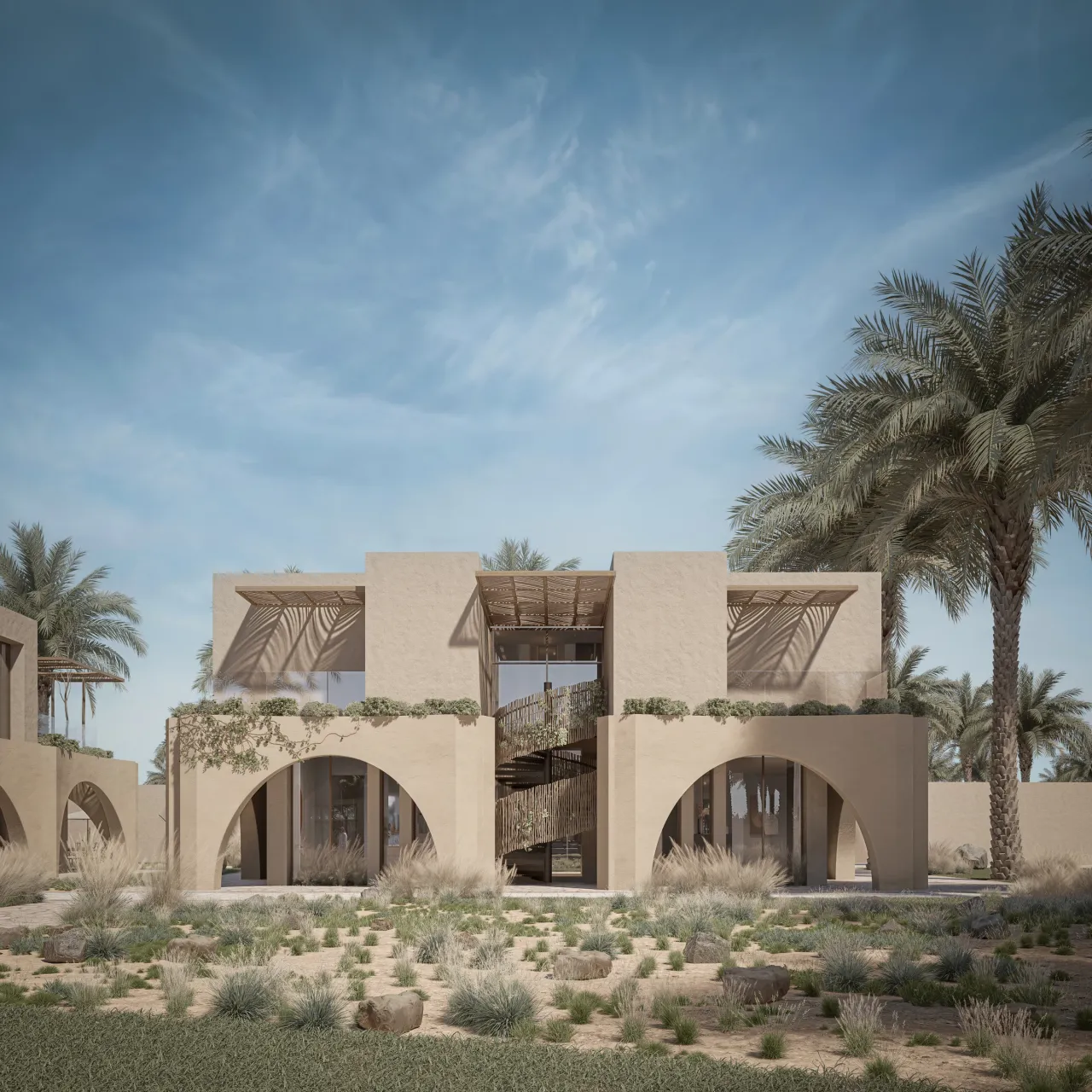 Arched ground-level openings and stepped volumes