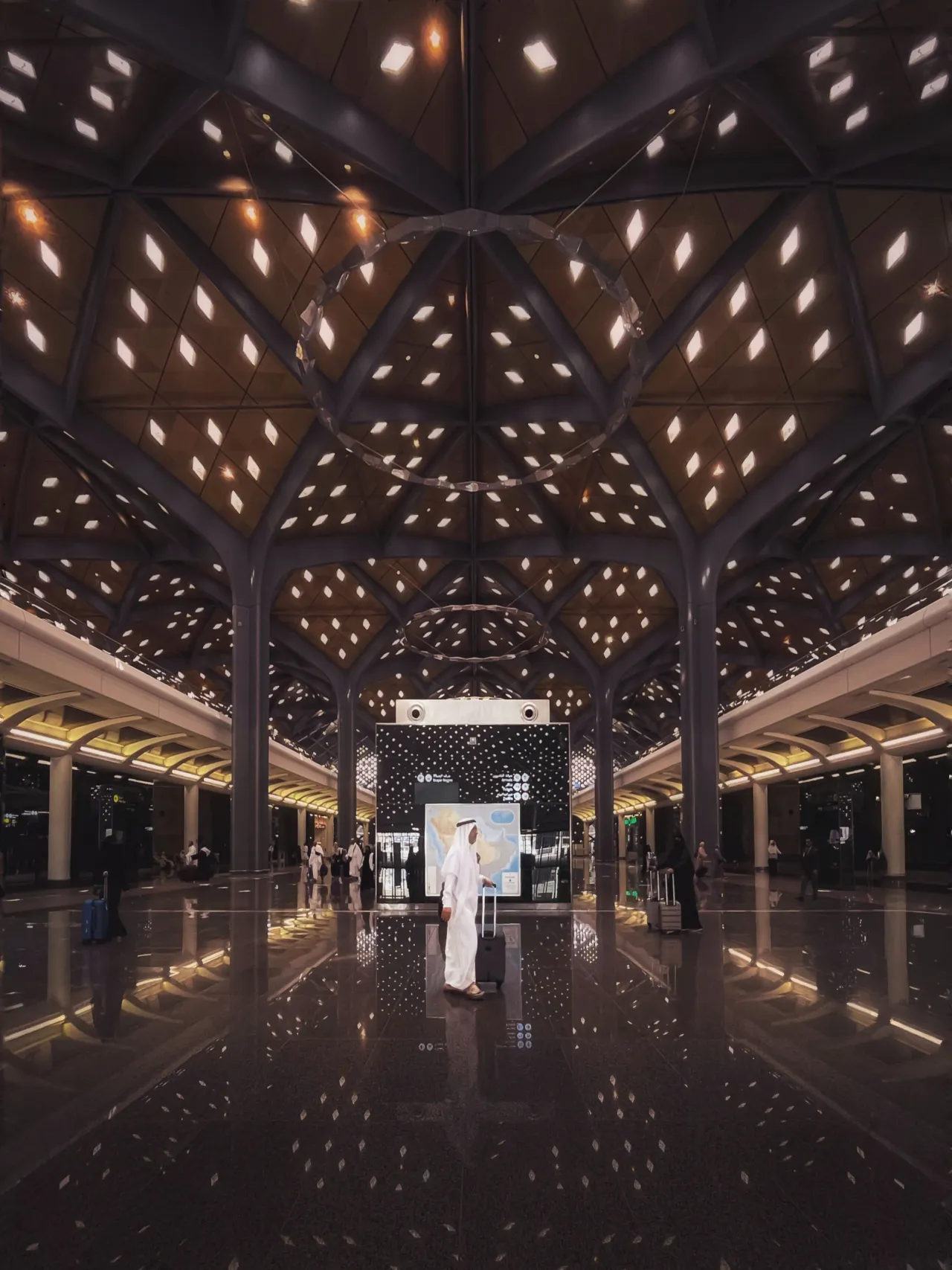 Patterned light across a dark interior