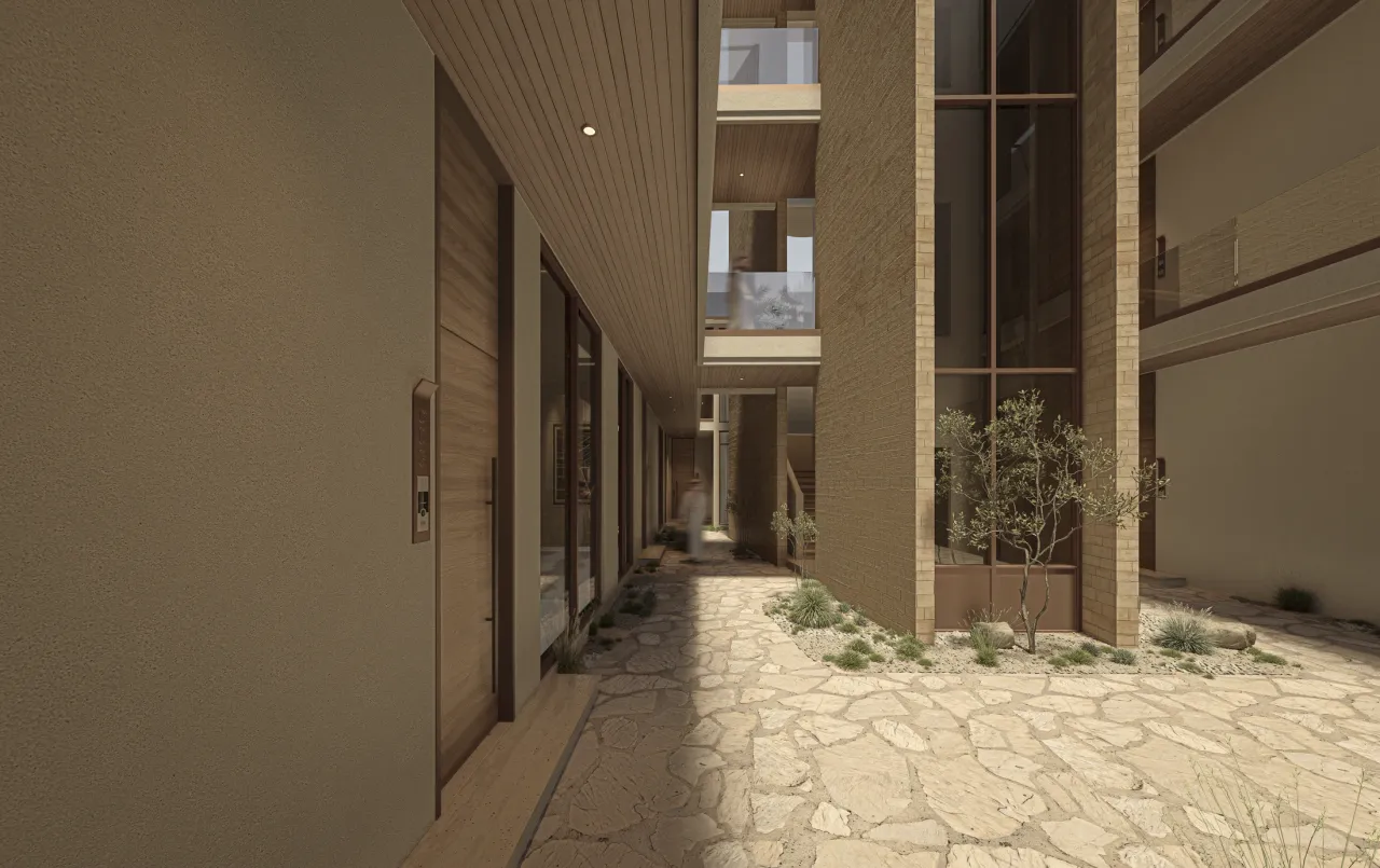 Stone paving, planting and the glazed circulation core