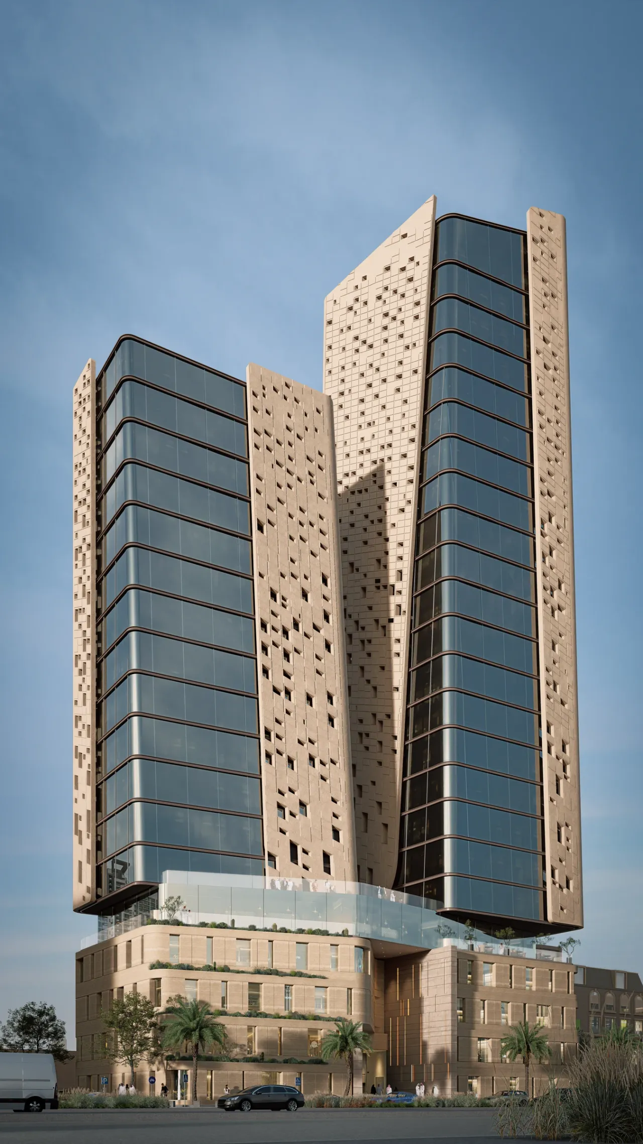 Zood office and retail towers with stone-clad vertical elements and curved glazed corners