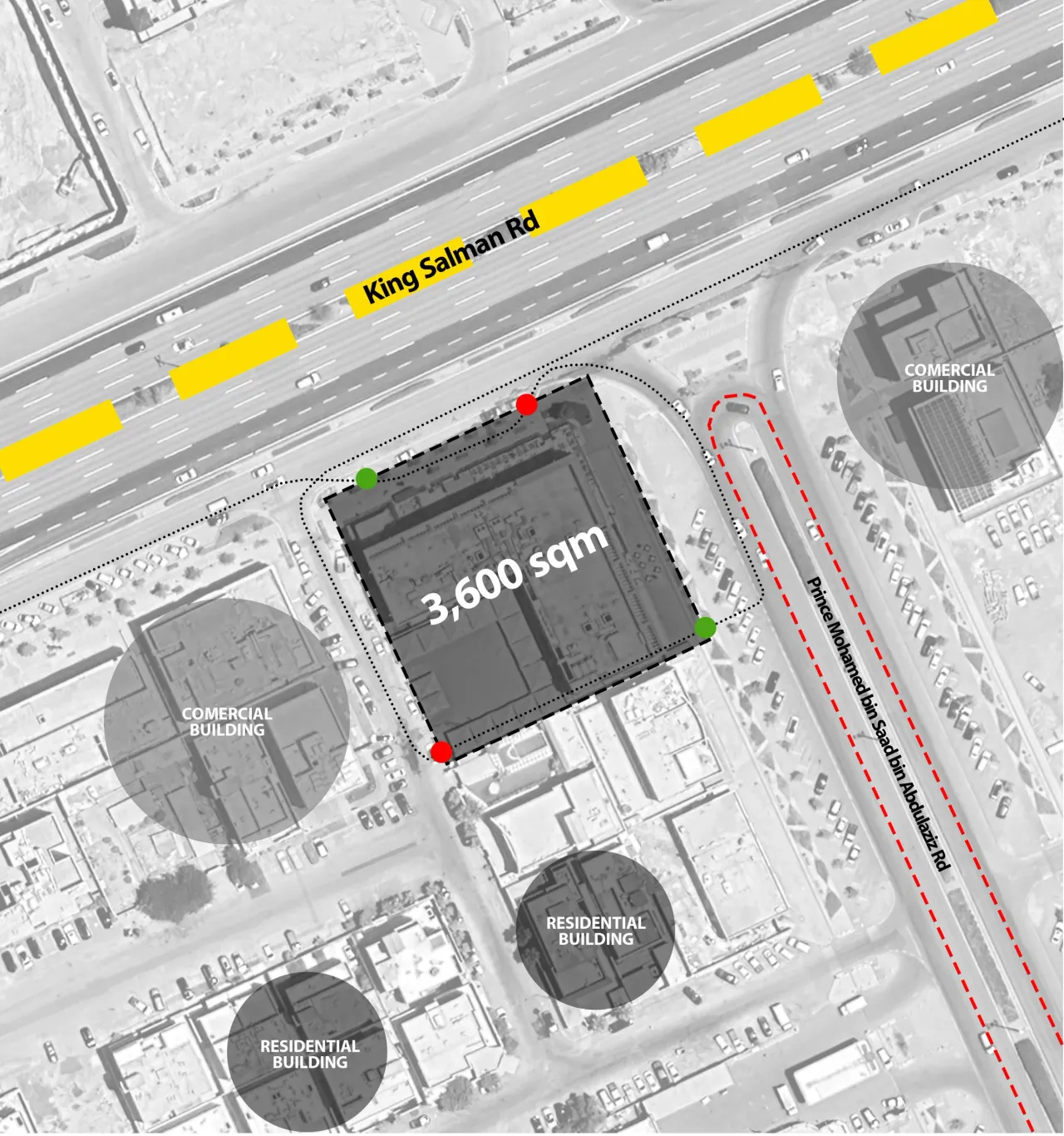 The 3,600 m² corner plot and its surrounding streets
