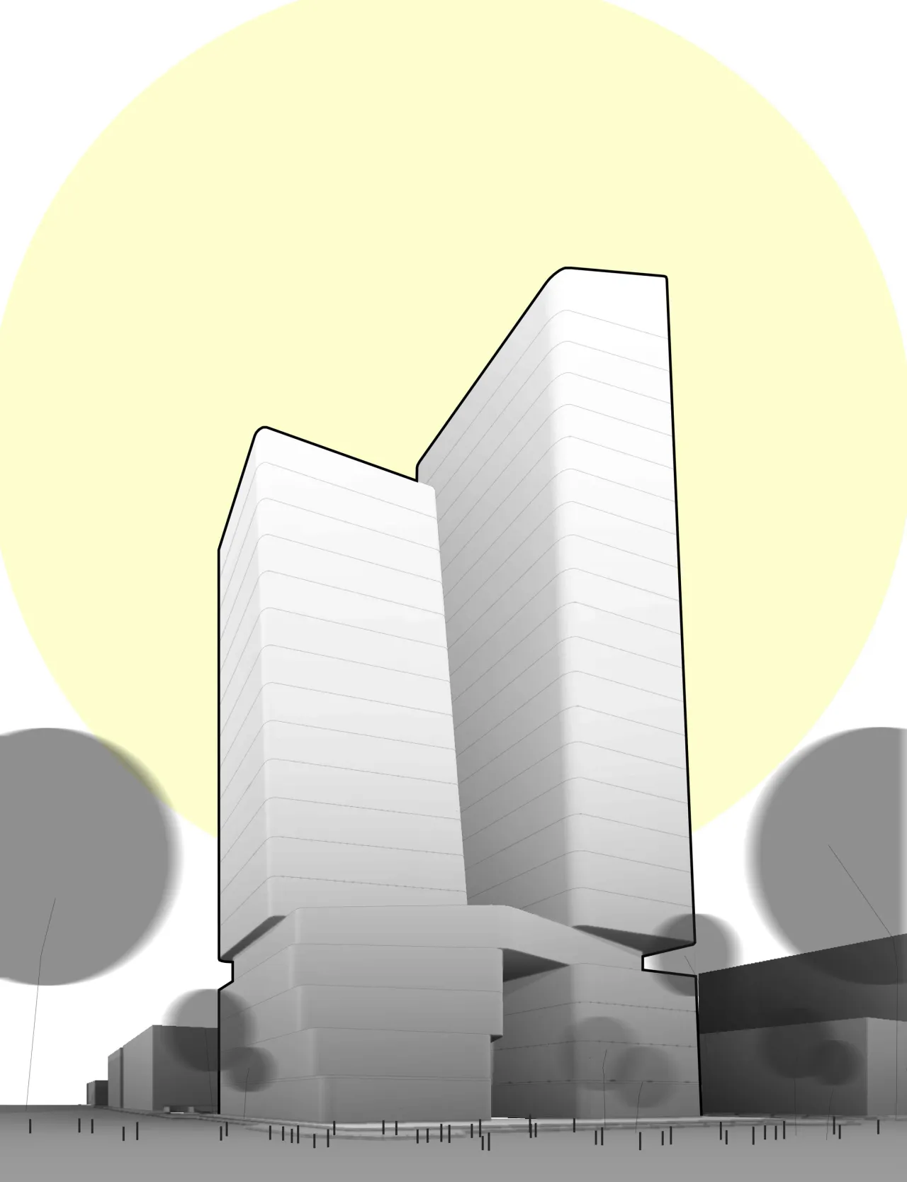 Concept silhouette — the towers and shared base from an oblique view